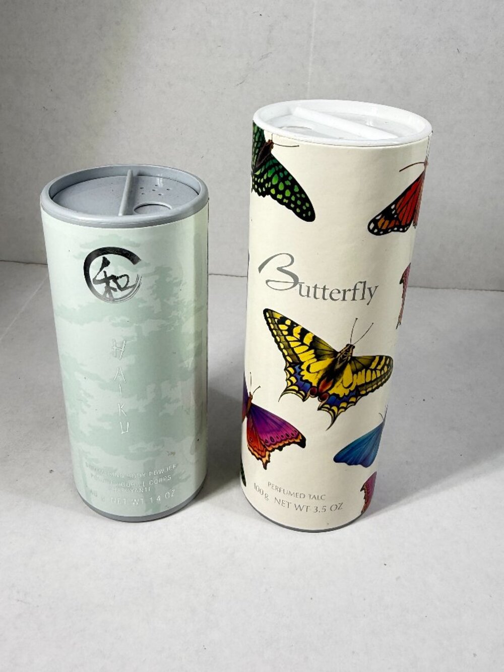 Avon Perfumed Talc Powder Butterfly 3.5 oz + Haiku Shimmering 1.4 oz NEW NOS L